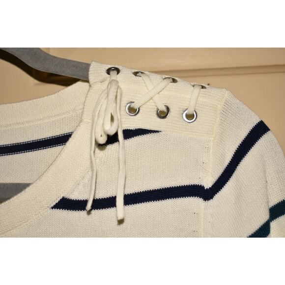 TALBOTS $78 White Striped Knit Tunic Sweater Lace-Up Detail PM‎ - Picture 3 of 4